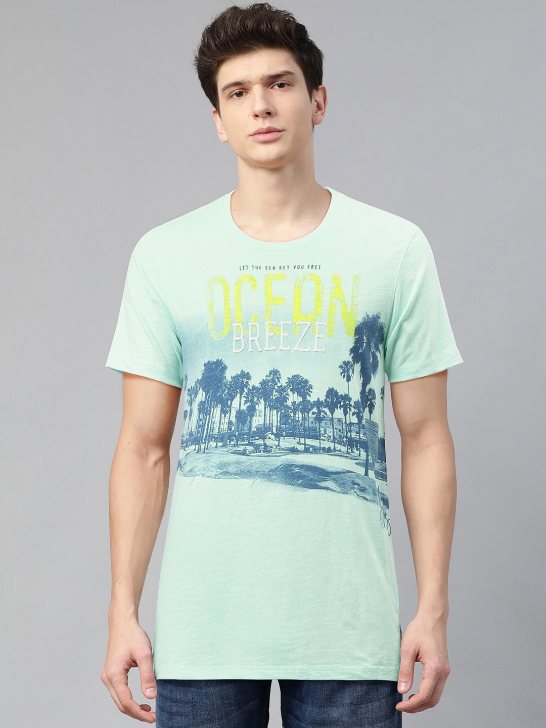 

SPYKAR Men Sea Green & Blue Printed Round Neck T-shirt