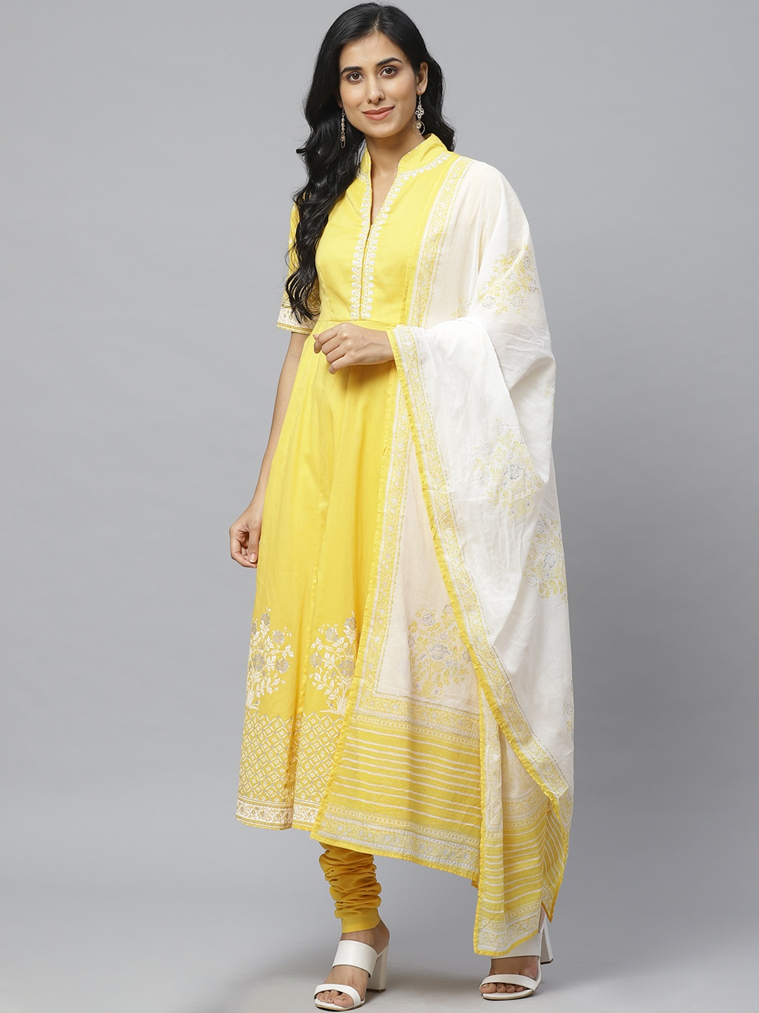 

Biba Women Yellow & White Yoke Design Anarkali Kurta with Churidar & Dupatta