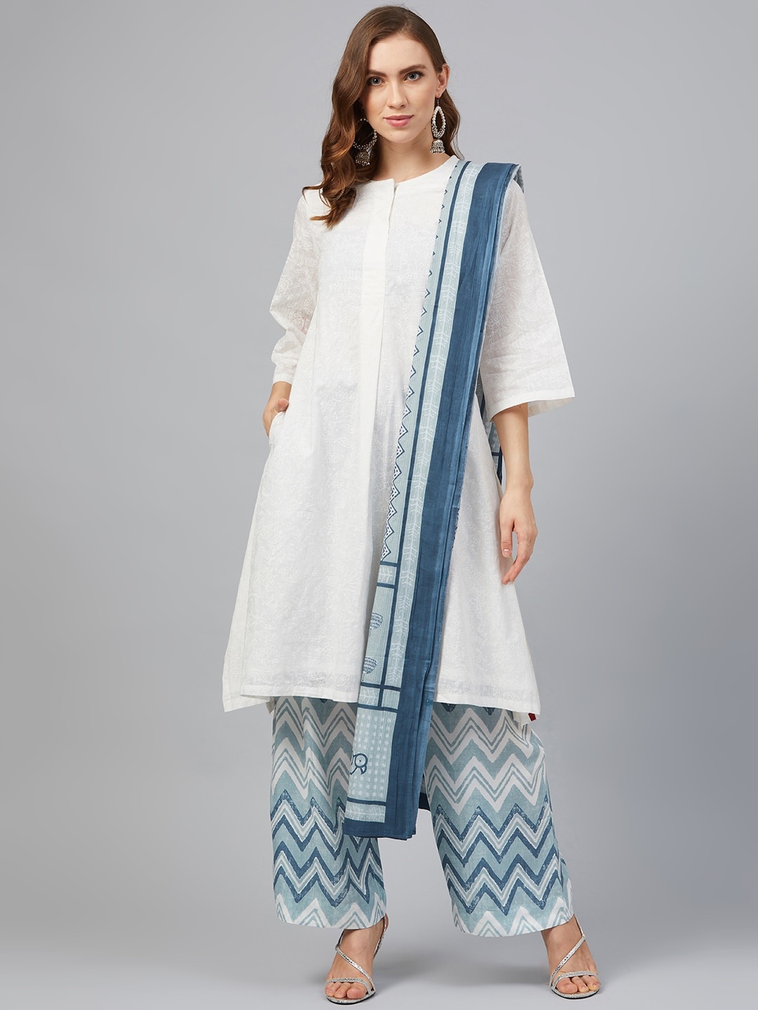 

Biba Women White & Blue Printed Kurta with Palazzos & Dupatta