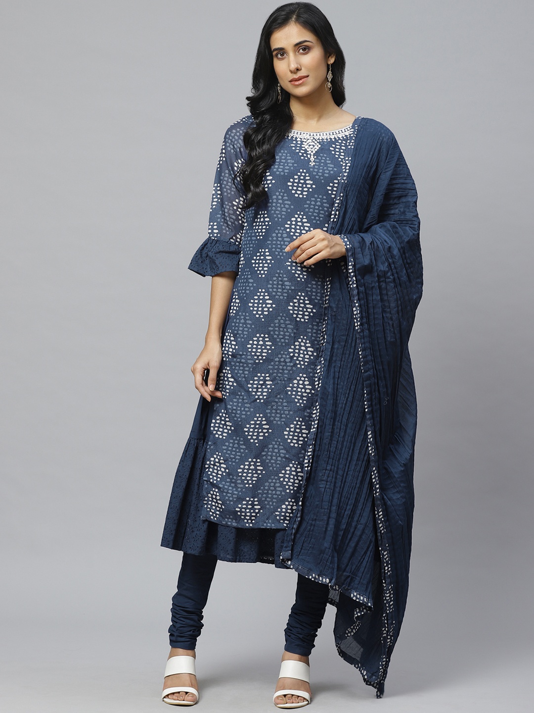 

Biba Women Navy Blue & Off-White Printed Layered Kurta with Churidar & Dupatta