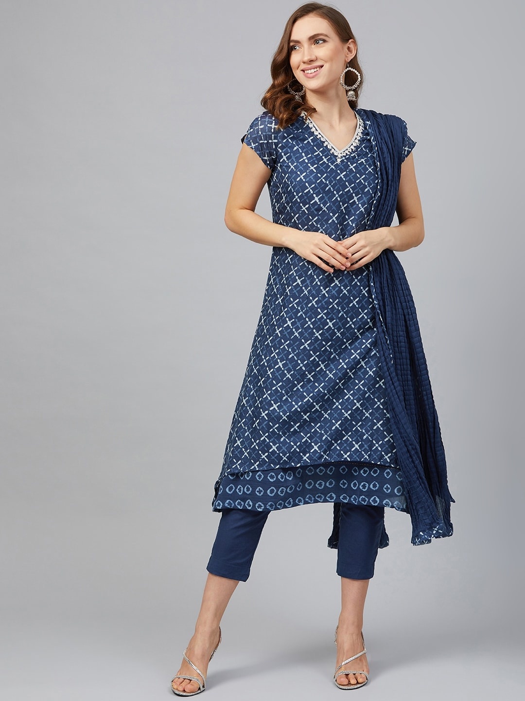 

Biba Women Navy Blue & White Indigo Dyed Kurta with Trousers & Dupatta