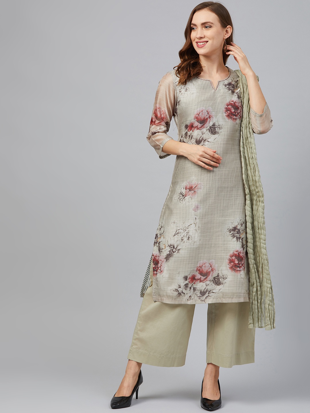 

Biba Women Green & Pink Floral Printed Kurta with Palazzos & Dupatta
