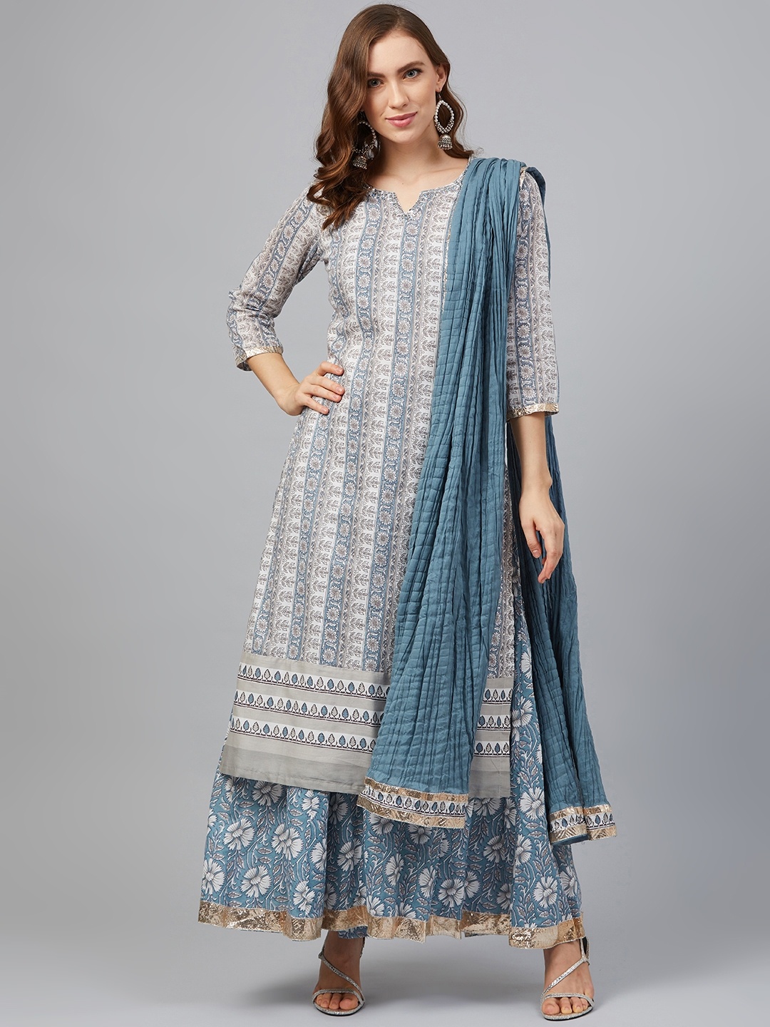

Biba Women Blue & Off-White Printed Kurta with Palazzos & Dupatta