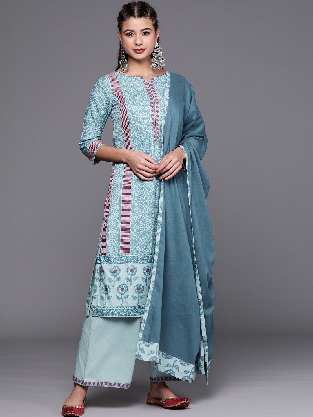 

Biba Women Blue Ethnic Motifs Printed Regular Pure Cotton Kurta with Palazzos & With Dupatta