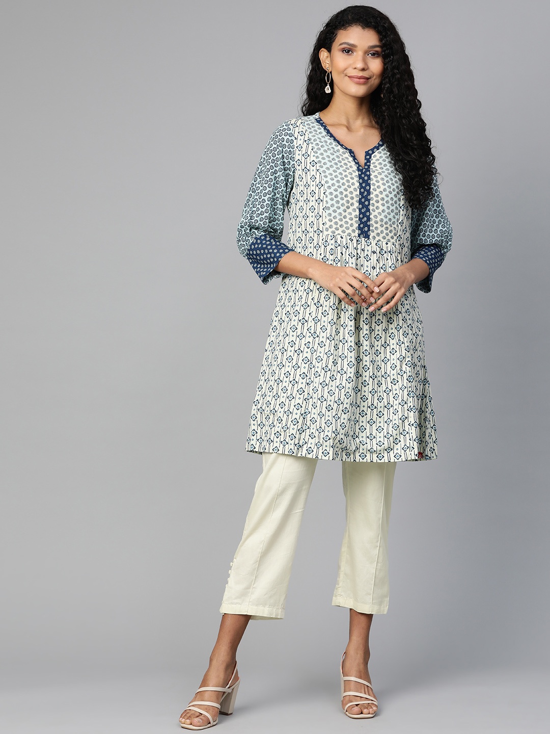 

Biba Women Cream-Coloured & Blue Printed Kurta with Trousers