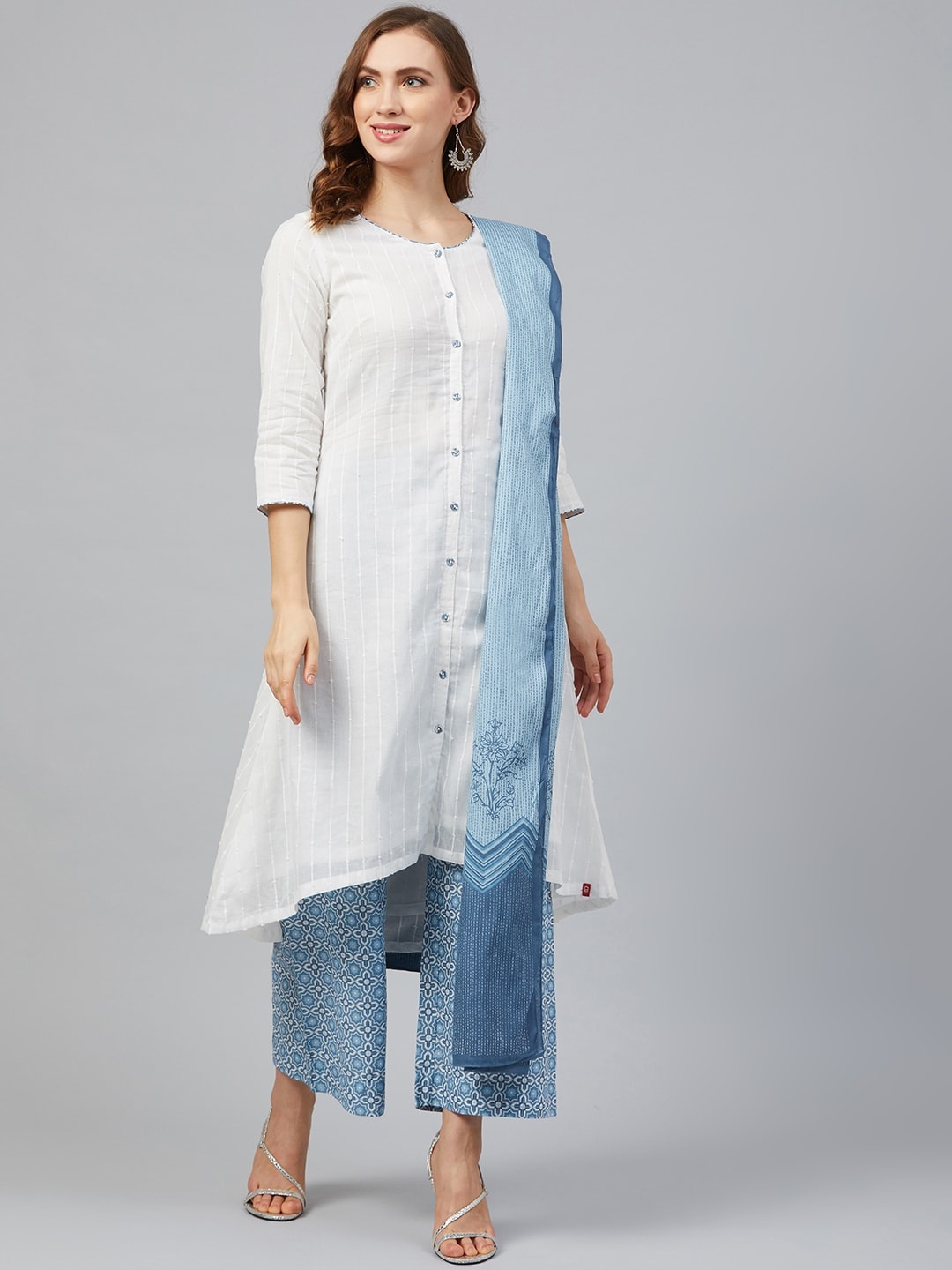 

Biba Women White & Blue Self-Striped Kurta with Palazzos & Dupatta