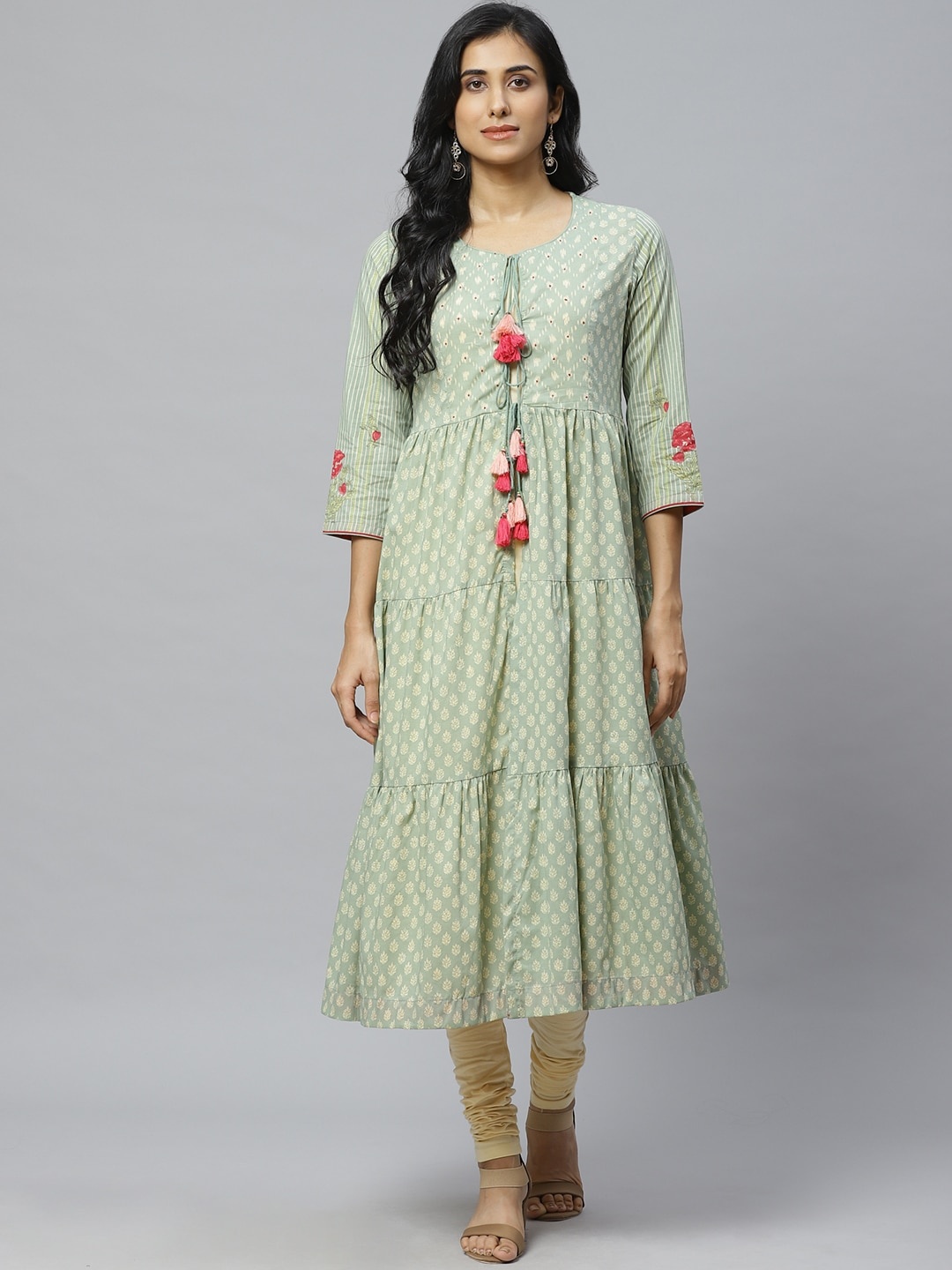 

Biba Women Green & Cream-Coloured Layered Tiered Printed Kurta with Churidar