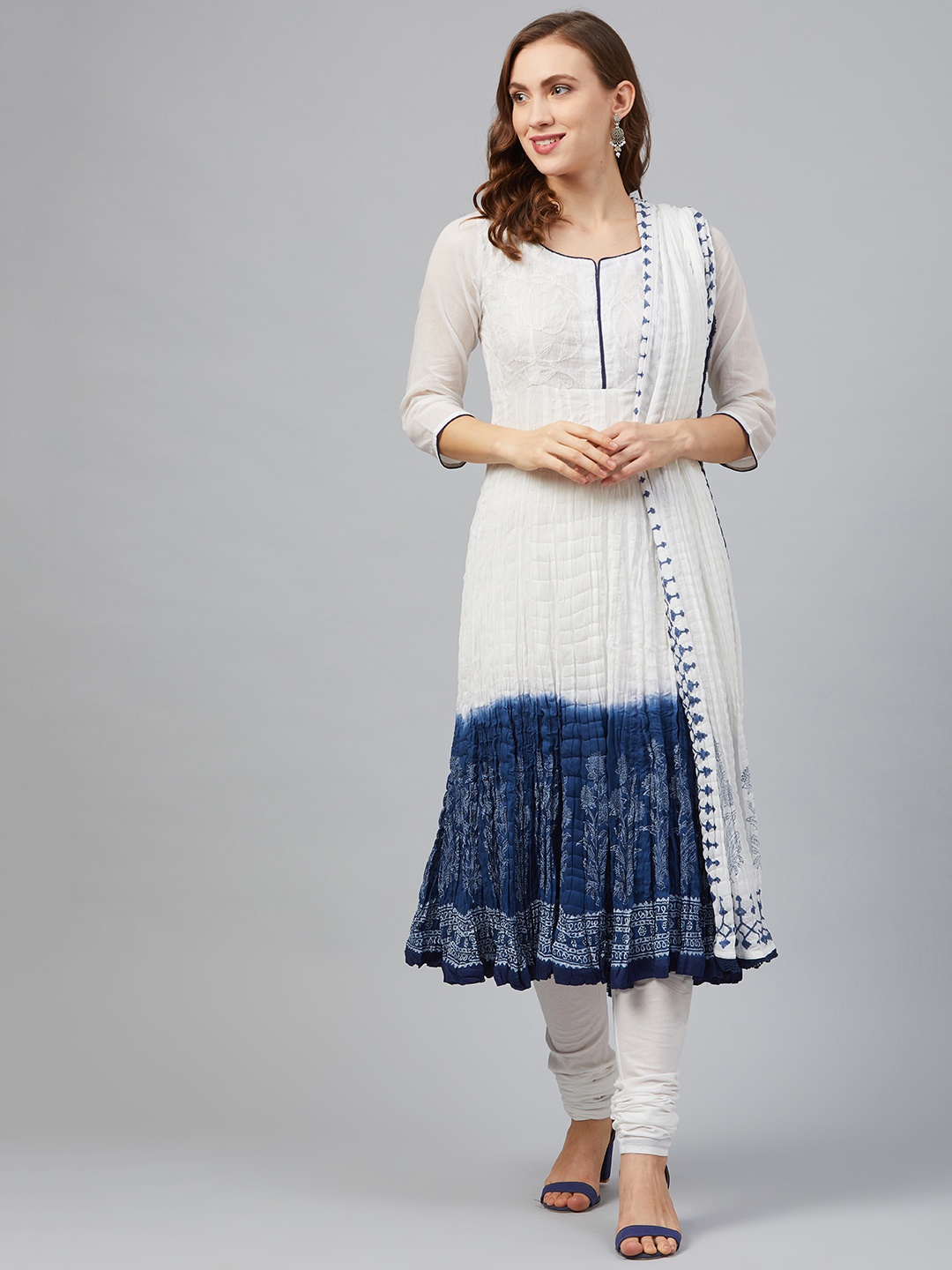 

Biba Women White & Blue Dyed Kurta with Churidar & Dupatta