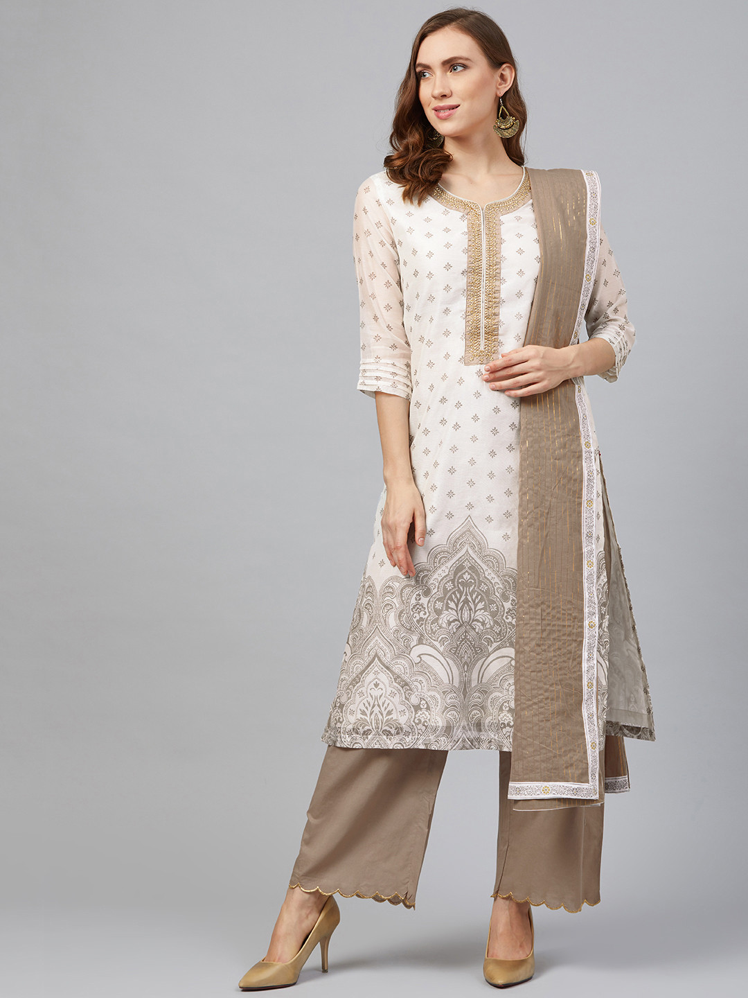 

Biba Women Off-White & Brown Printed Kurta with Palazzos & Dupatta
