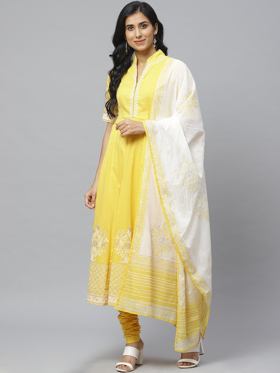 

Biba Women Yellow & White Yoke Design Anarkali Kurta with Churidar & Dupatta