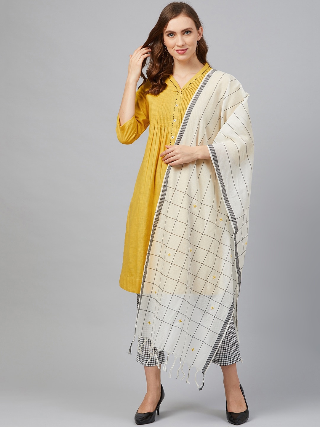 

Biba Women Mustard Yellow & White Solid Kurta with Trousers & Dupatta