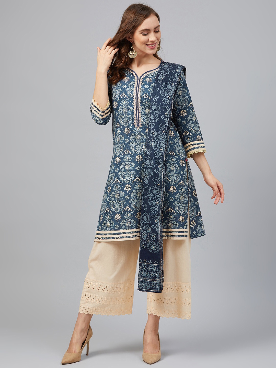 

Biba Women Blue Ethnic Motifs Printed Regular Thread Work Pure Cotton Kurta with Palazzos & With Dupatta