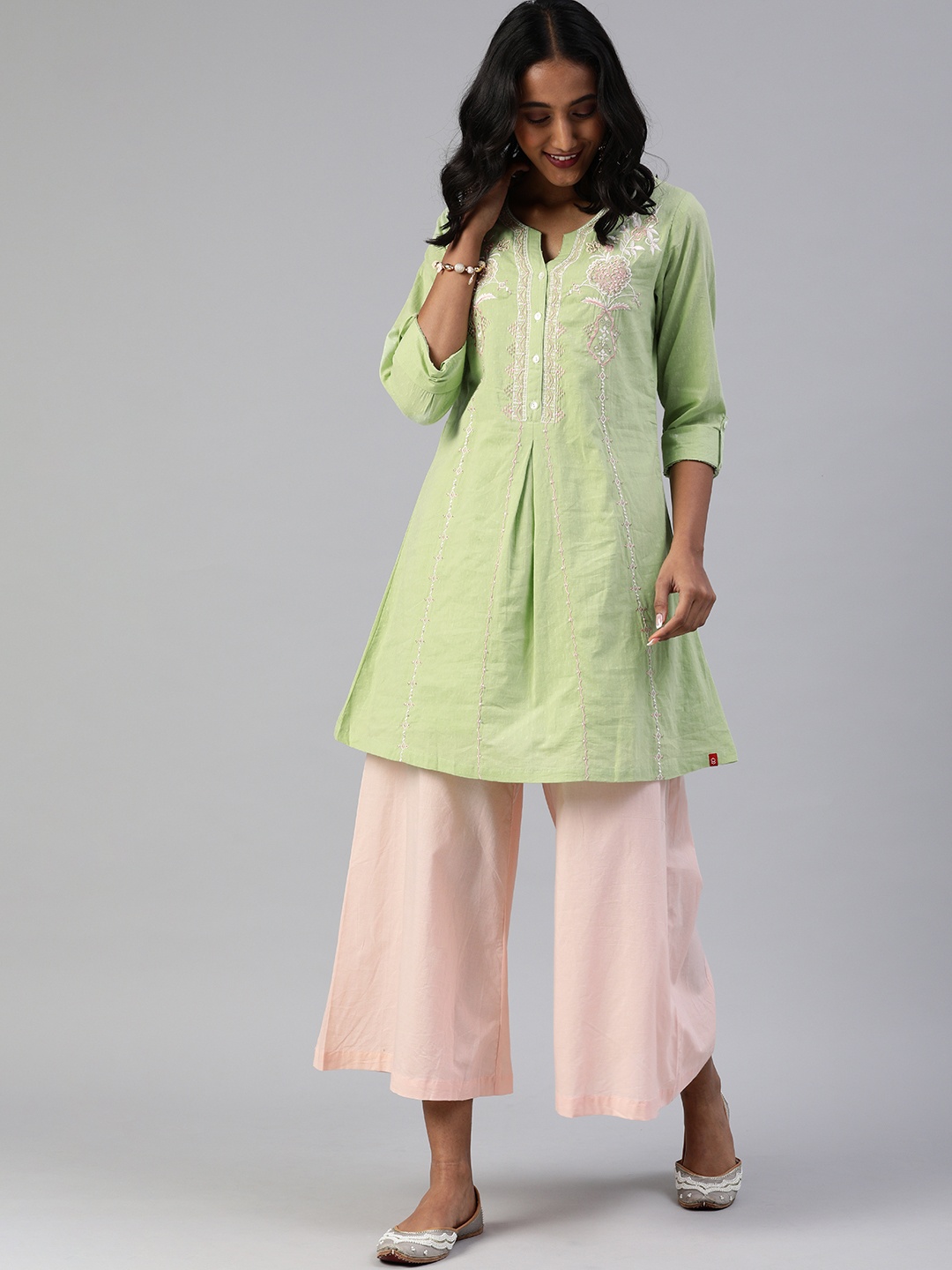 

Biba Women Green Ethnic Motifs Embroidered Pleated Thread Work Pure Cotton Kurta with Palazzos