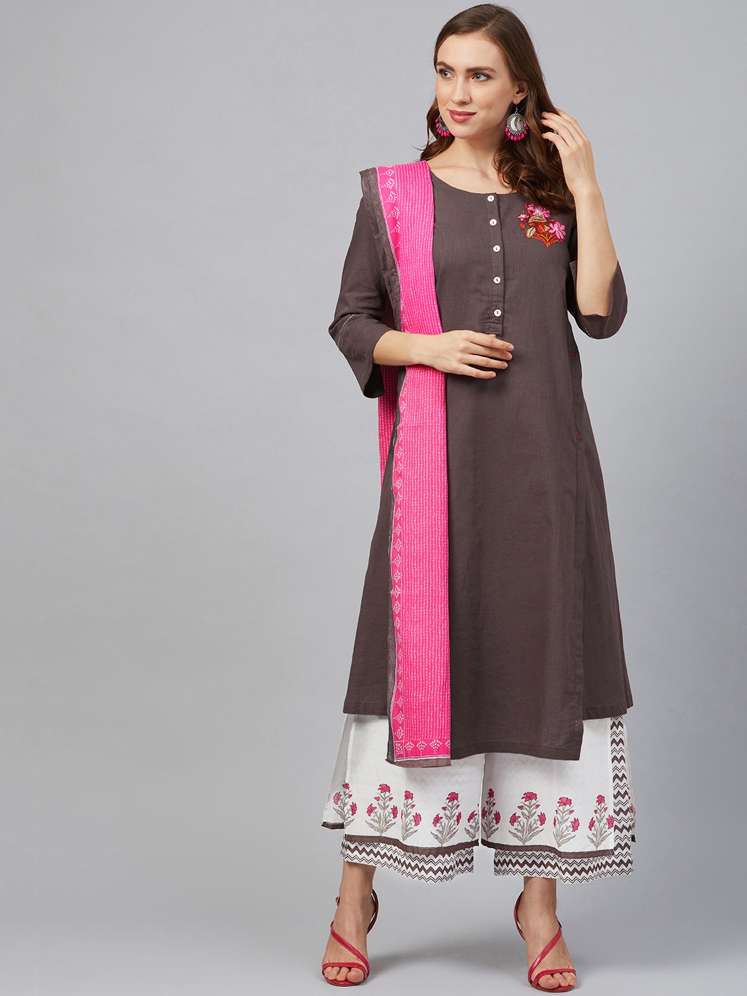 

Biba Women Taupe & White Embroidered Detail Kurta with Palazzos & Dupatta