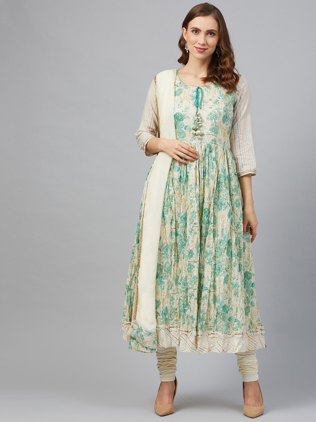 

Biba Women Cream-Coloured & Sea Green Floral Printed Kurta with Churidar & Dupatta