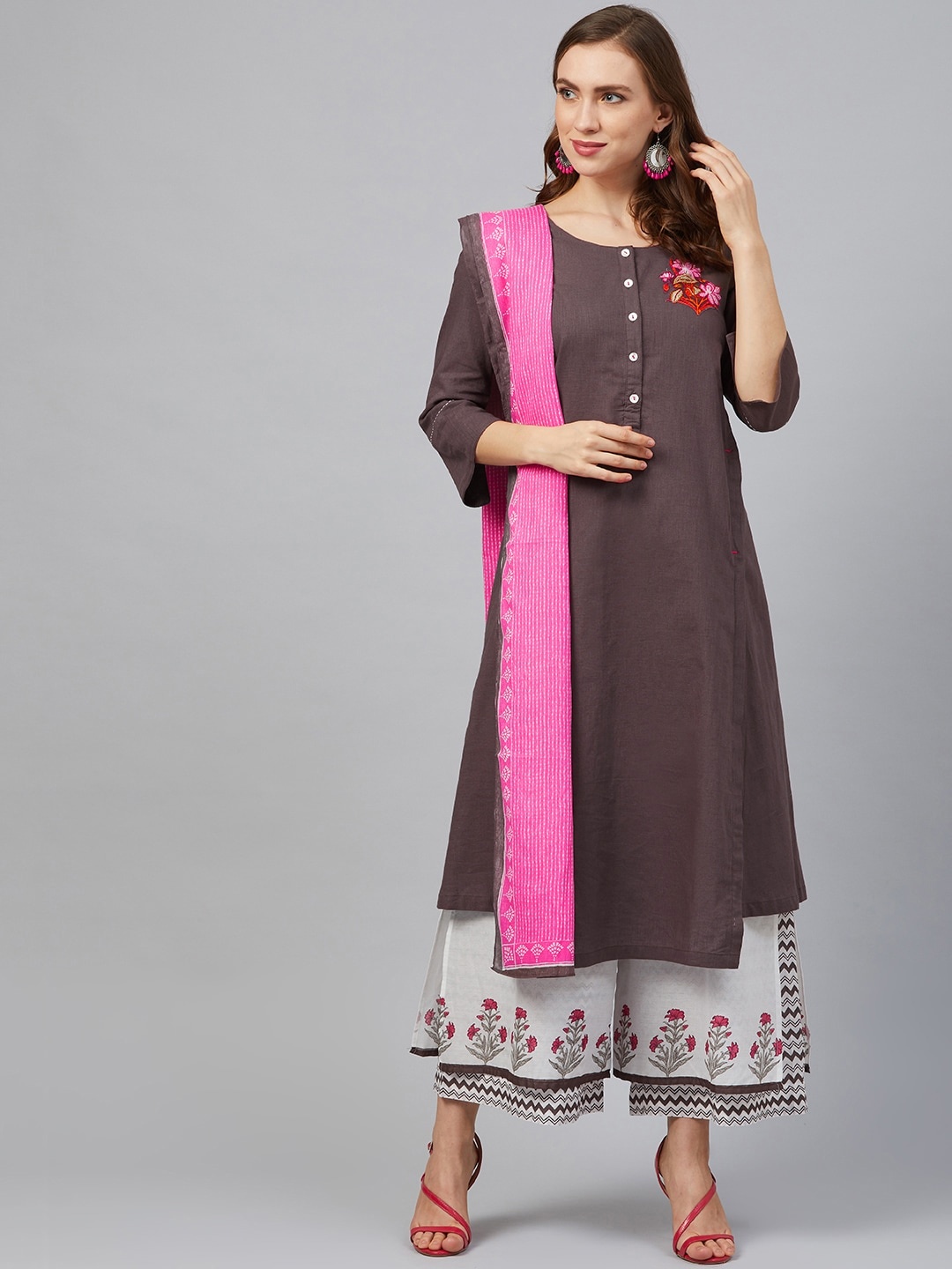 

Biba Women Taupe & White Embroidered Detail Kurta with Palazzos & Dupatta