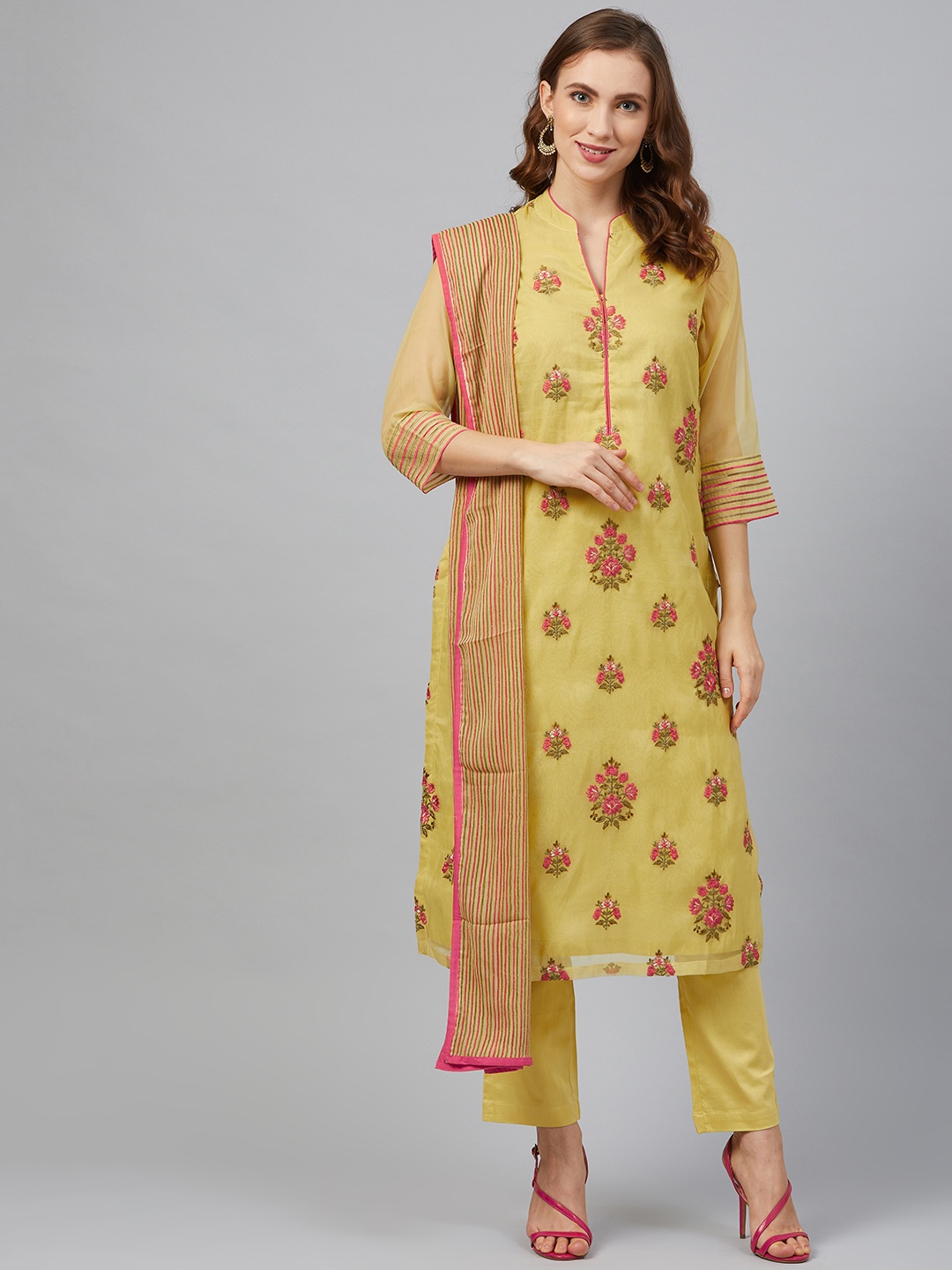 

Biba Women Yellow Embroidered Kurta with Trousers & Dupatta