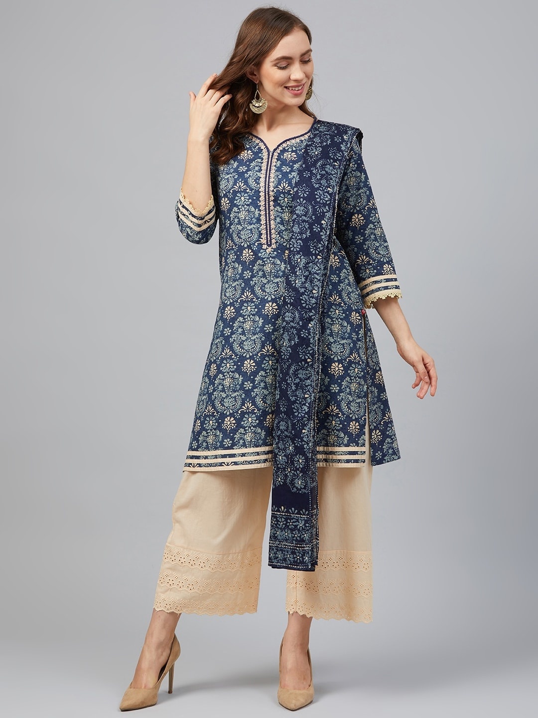

Biba Women Blue & Beige Printed Kurta with Palazzos & Dupatta