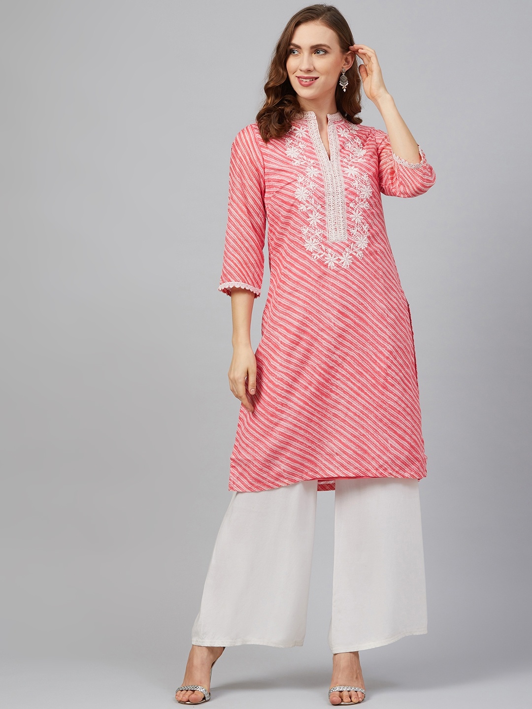 

Biba Women Pink & White Striped Straight Kurta