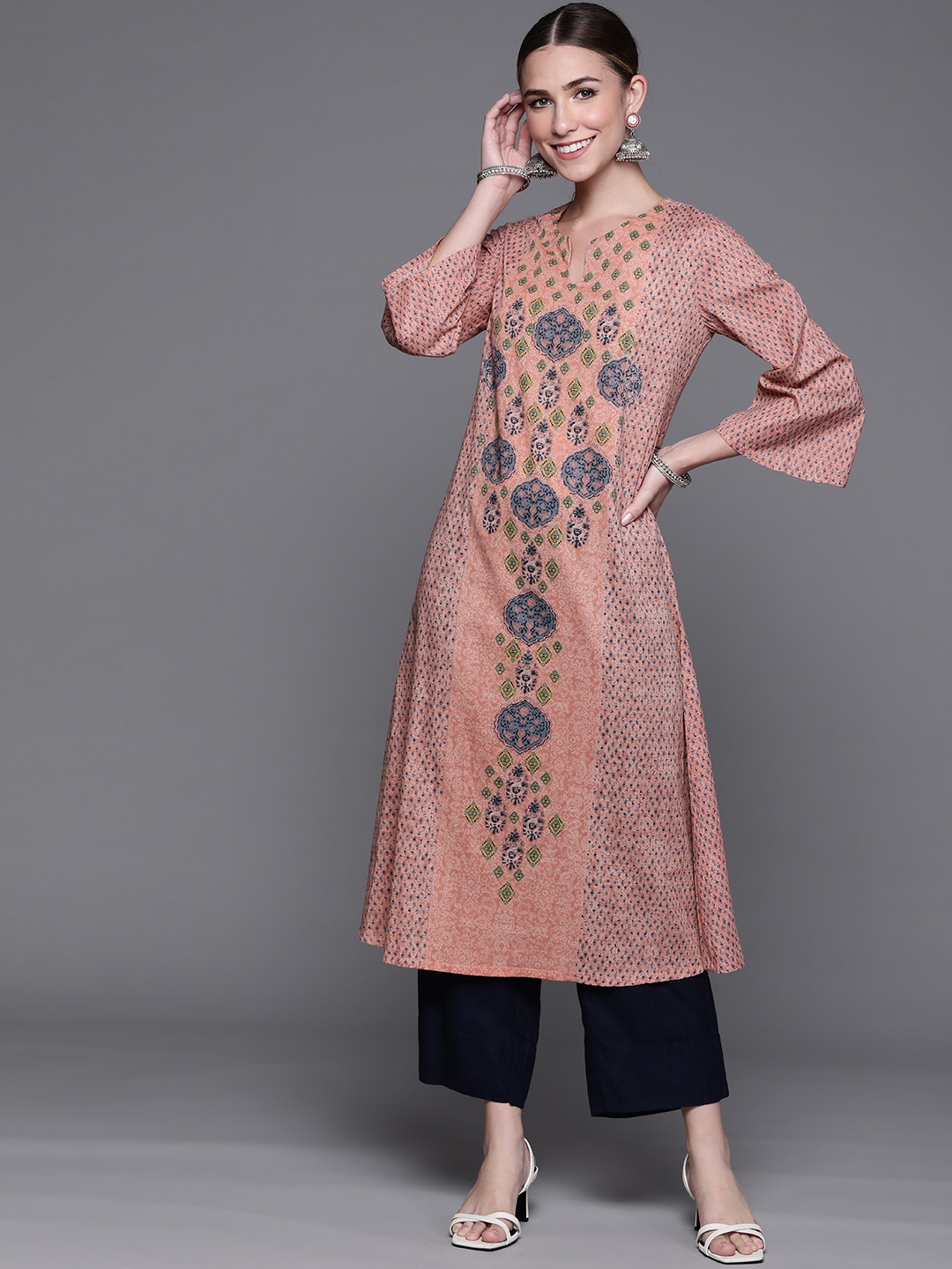 

Biba Women Pink & Blue Ethnic Motifs Cotton Printed Kurta