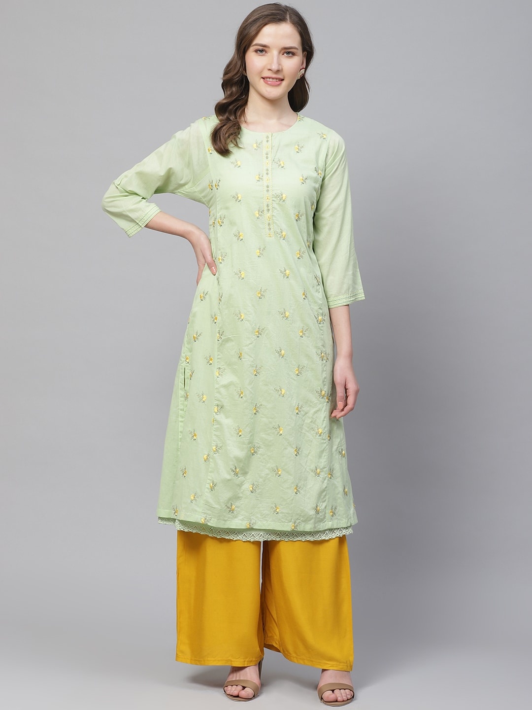 

Biba Women Green & Yellow Layered Embroidered Straight Kurta