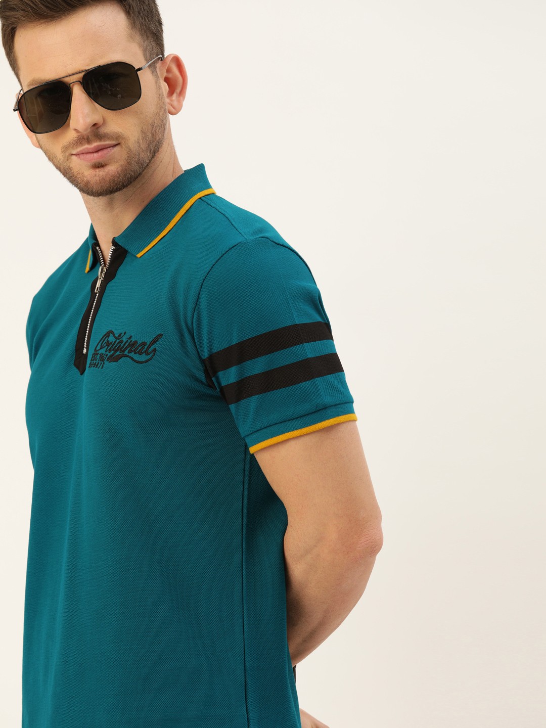 

Moda Rapido Men Teal Blue Solid Polo Collar Pure Cotton T-shirt