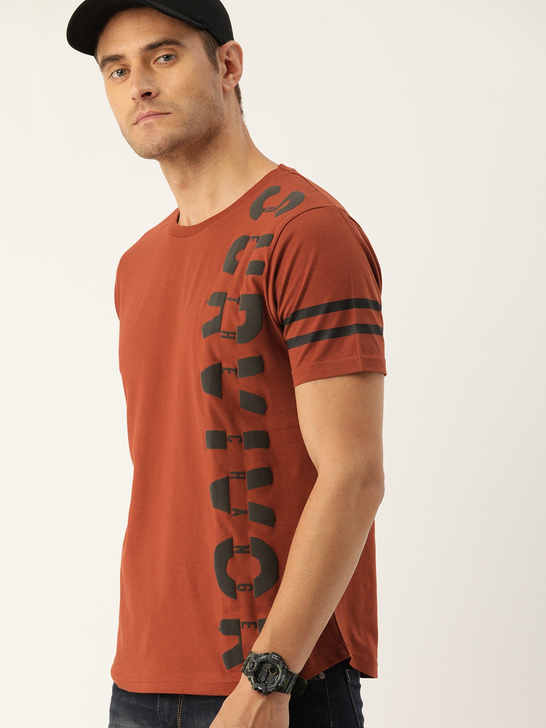 

Moda Rapido Men Rust Orange Printed Round Neck Pure Cotton T-shirt