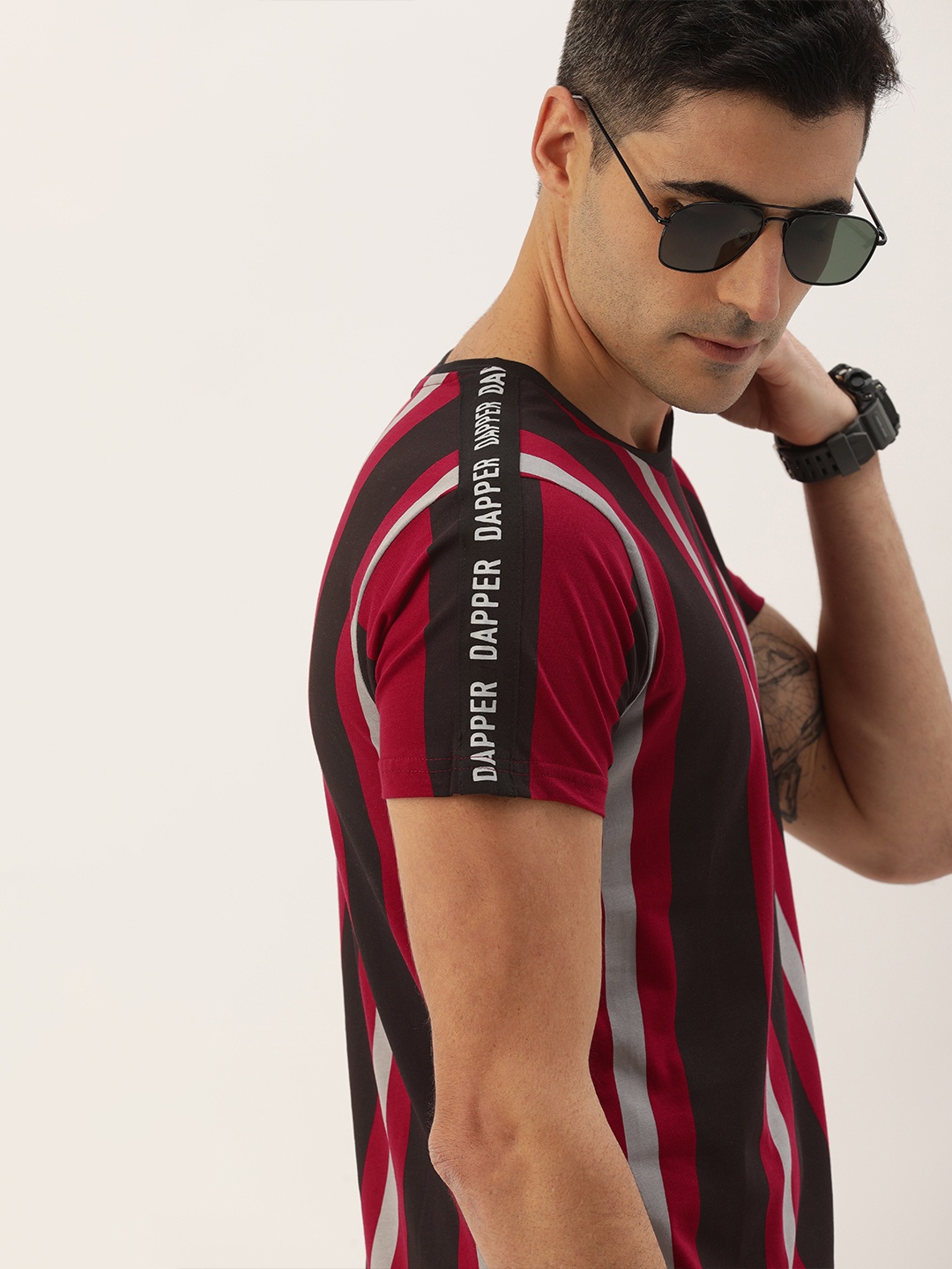 

Moda Rapido Men Maroon Black Striped Round Neck Pure Cotton T-shirt