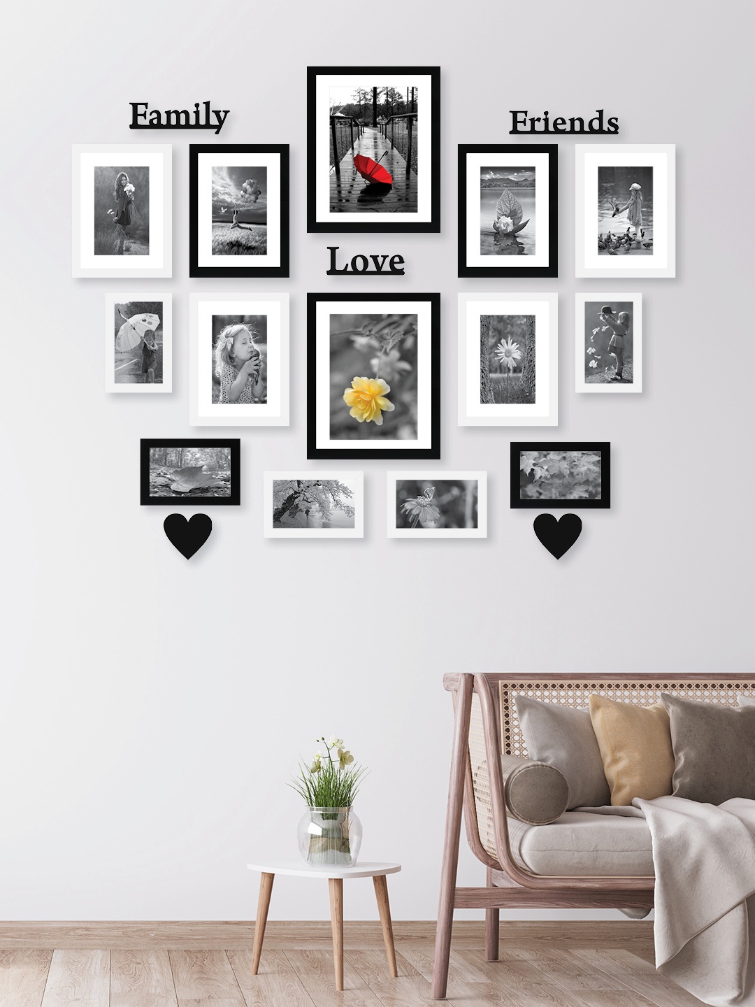 

RANDOM Set Of 14 Black & White Solid Synthetic Collage Photo Frames With Family Love & Friends Plaques