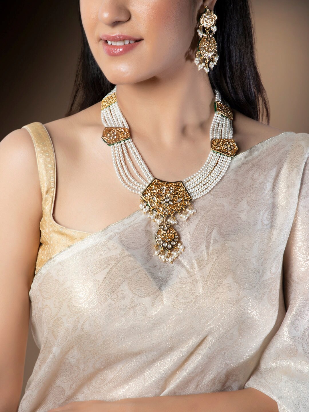 

Rubans Gold Plated & Off-White Handcrafted Kundan Studded Jewellery Set