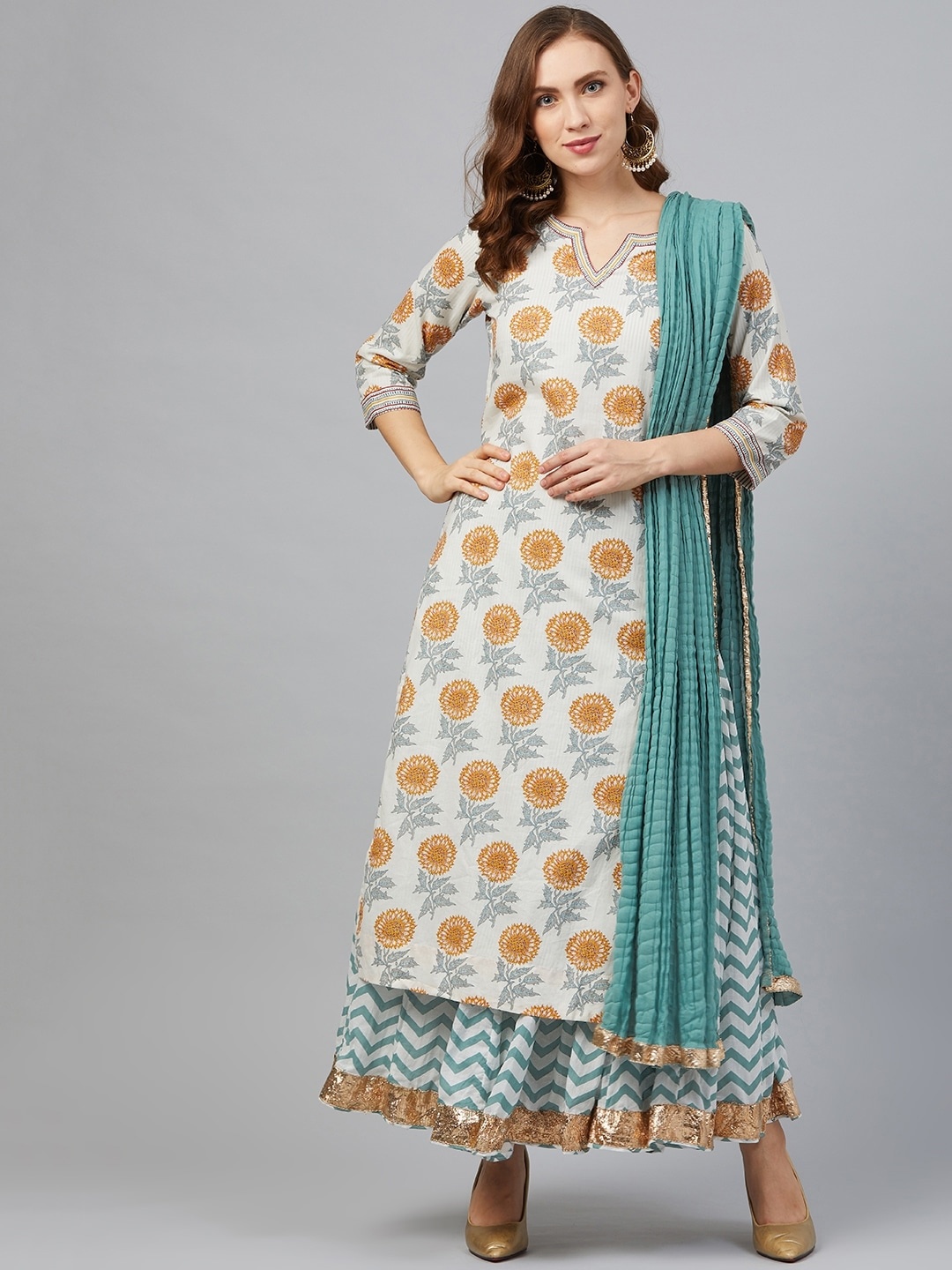 

Biba Women White & Green Gotta Patti Floral Printed Kurta with Skirt & Dupatta