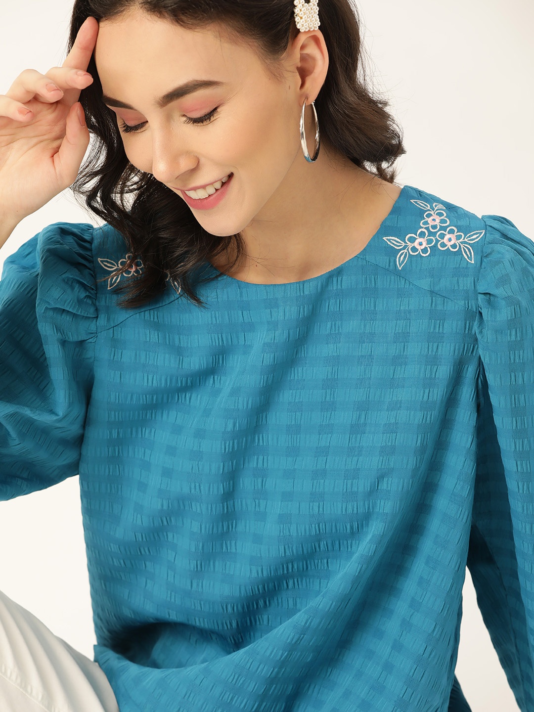 

DressBerry Women Blue Self-Checked Blouson Top