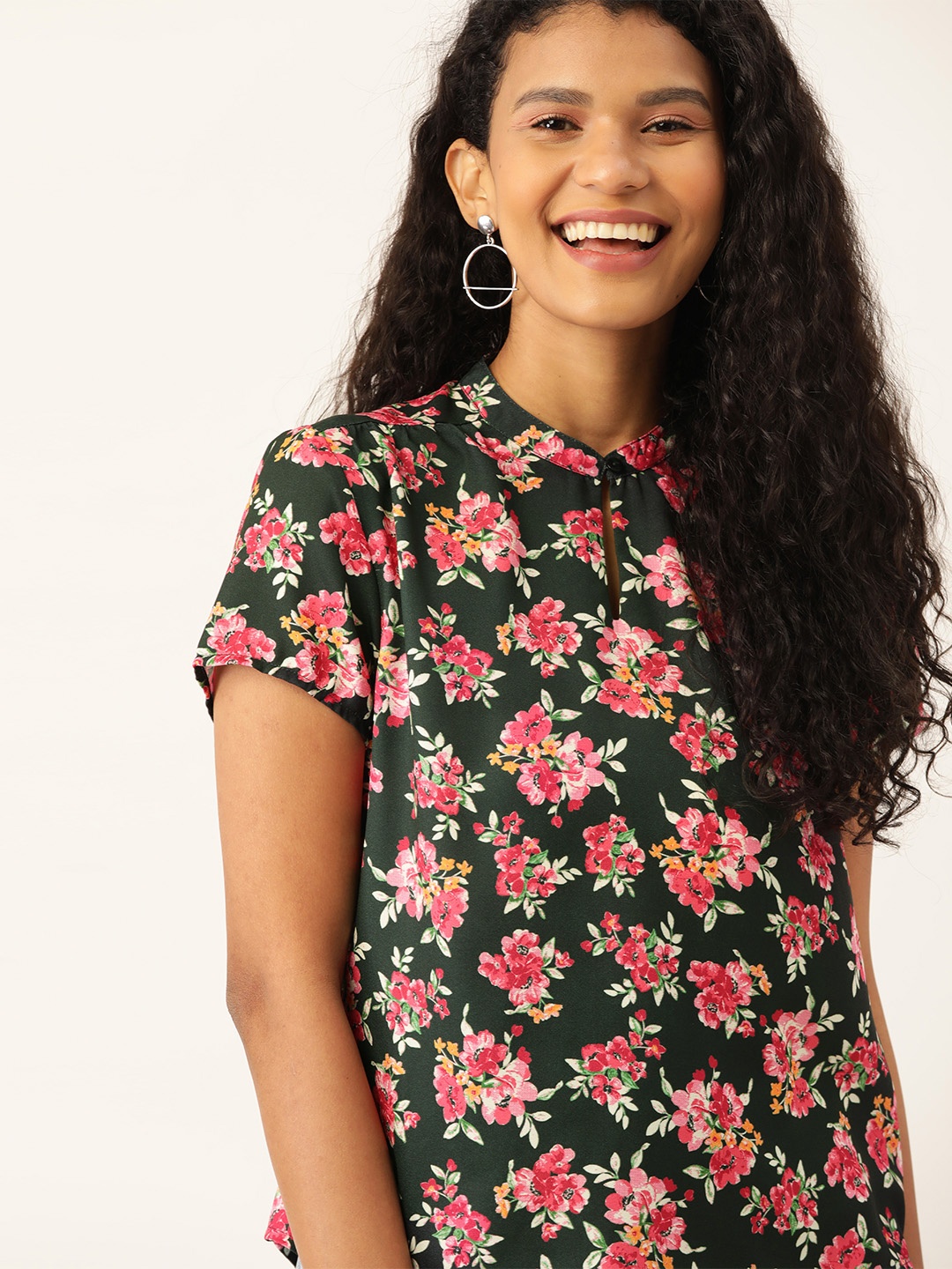 

DressBerry Women Green & Pink Floral Print Top