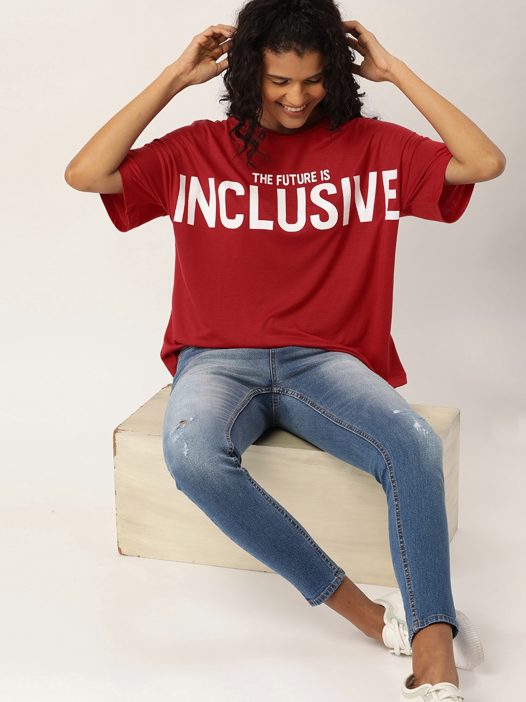 

DressBerry Women Red & White Printed Round Neck T-shirt