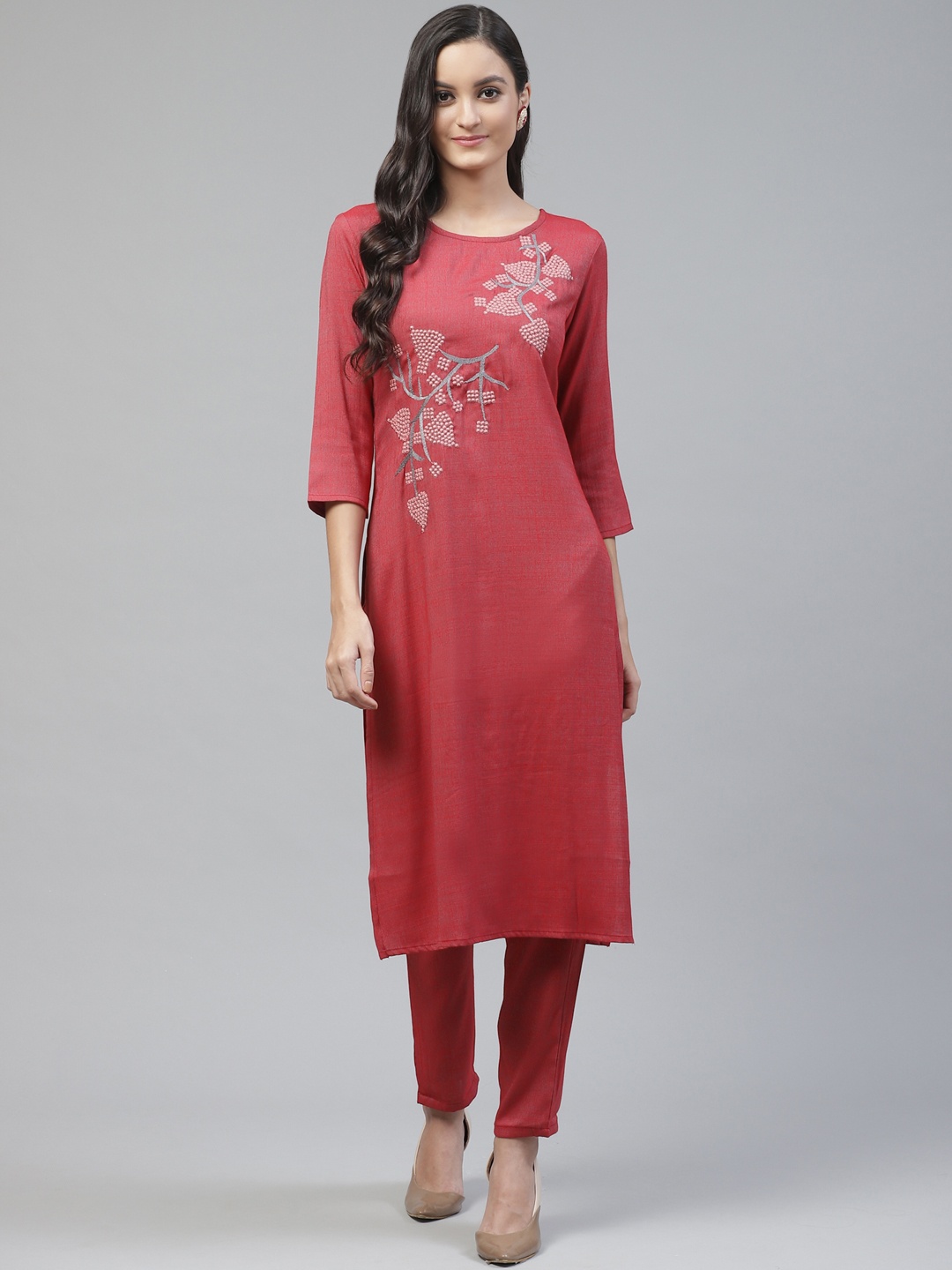 

Fabriko Women Red Yoke Design Kurta with Trousers, Maroon