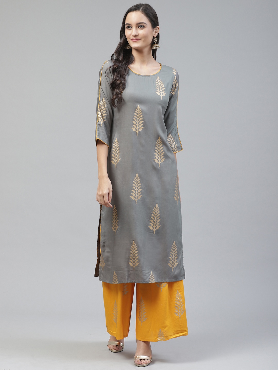 

Fabriko Women Grey & Mustard Yellow Block Print Kurta with Palazzos