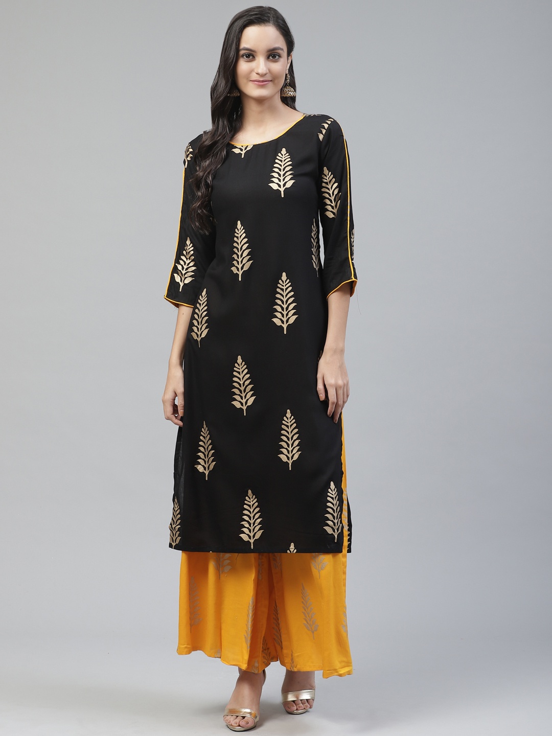 

Fabriko Women Black & Mustard Yellow Block Print Kurta with Palazzos