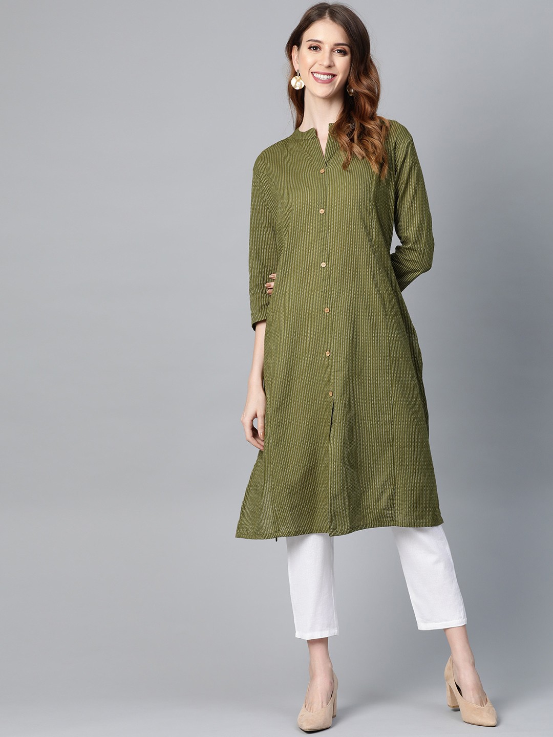

Fabriko Women Olive Green & White Self-Striped Kurta with Trousers