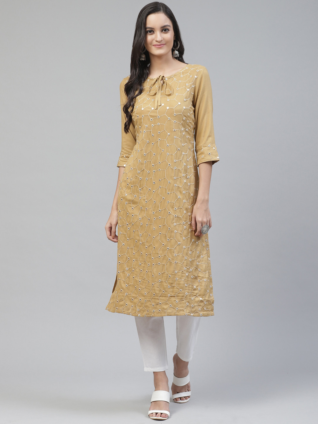 

Fabriko Women Beige & White Embroidered Kurta with Trousers