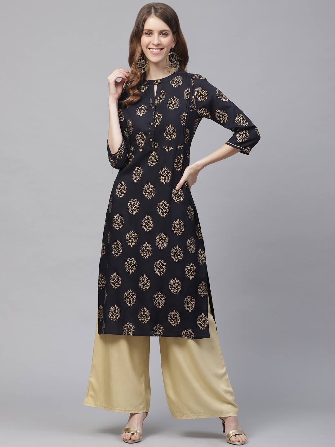 

clorals Women Navy Blue & Golden Printed Straight Kurta