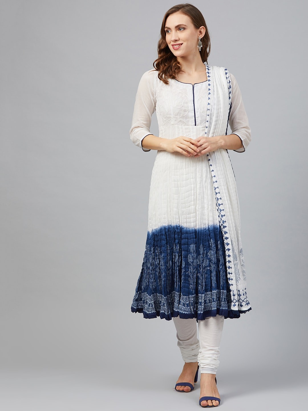 

Biba Women White & Blue Dyed Kurta with Churidar & Dupatta