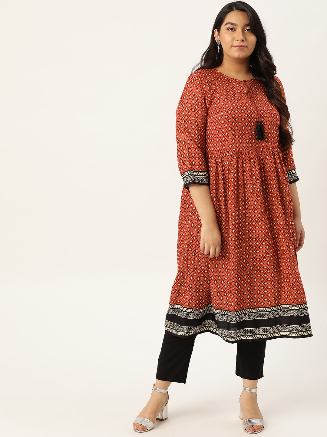 

Sztori Women Rust Orange & Black Printed Plus Size A-Line Kurta