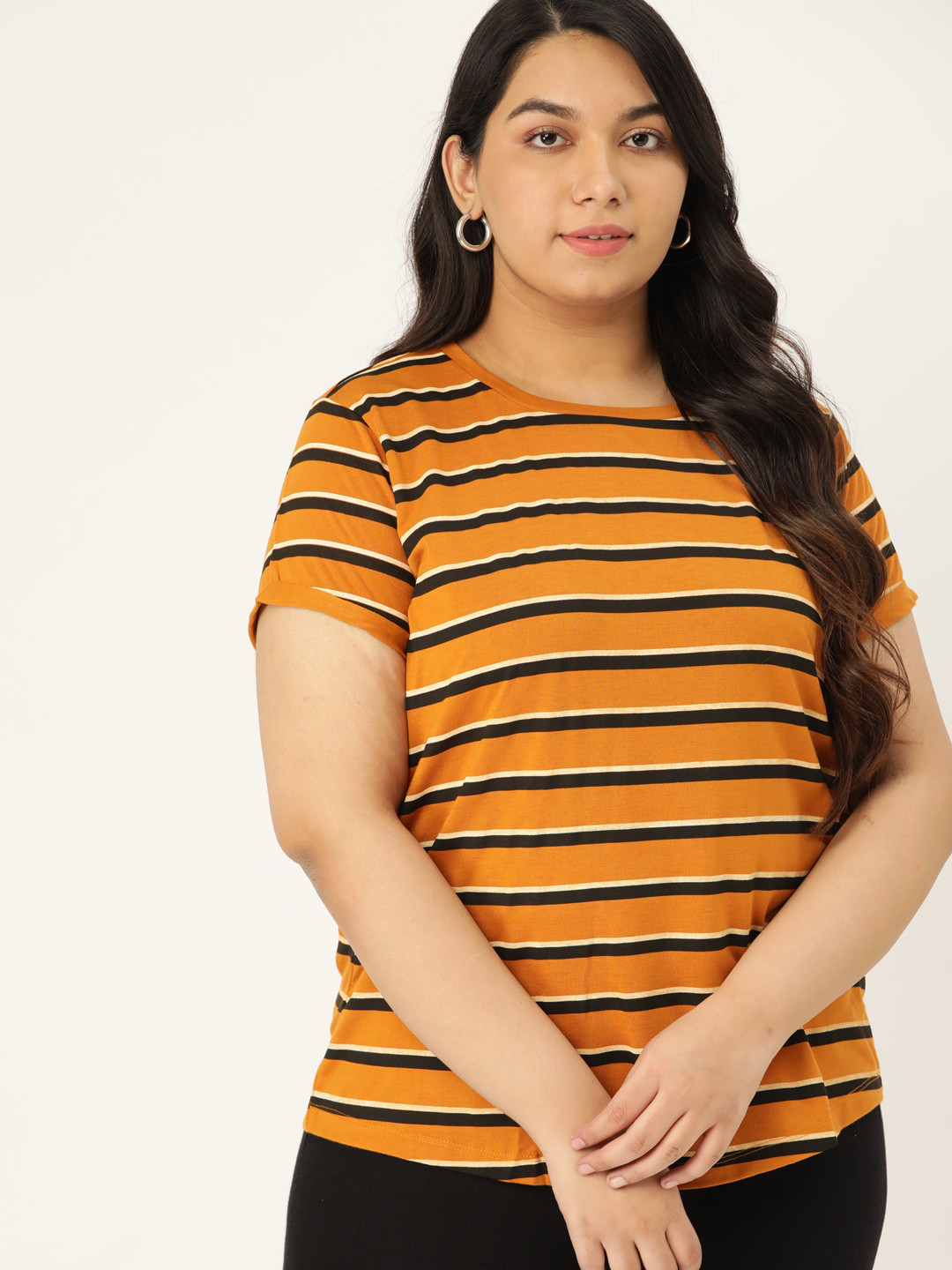 

Sztori Women Plus Size Mustard Yellow & Black Striped Round Neck T-shirt