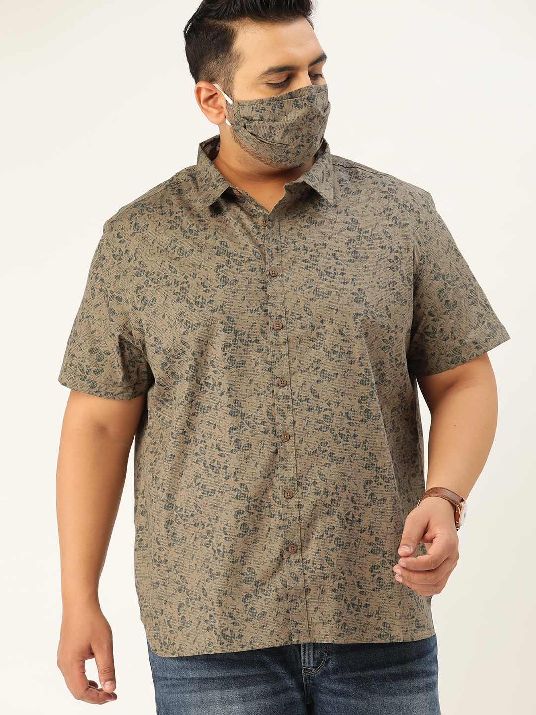 

Sztori Men Plus Size Taupe Teal Blue Regular Fit Printed Casual Shirt
