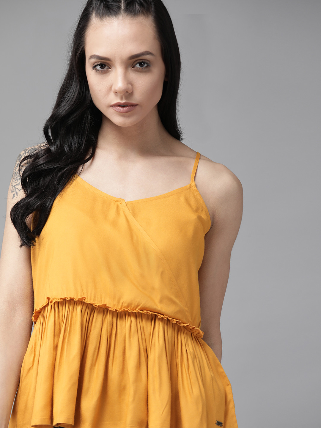 

Roadster ECOVERO Greenturn Women Mustard Yellow Solid Wrap Sustainable Top