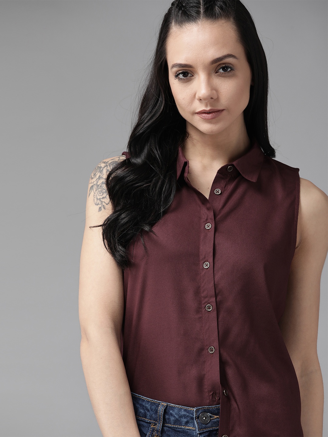 

Roadster GreenTurn Women Wine-Coloured Solid High-Low Casual Shirt, Burgundy