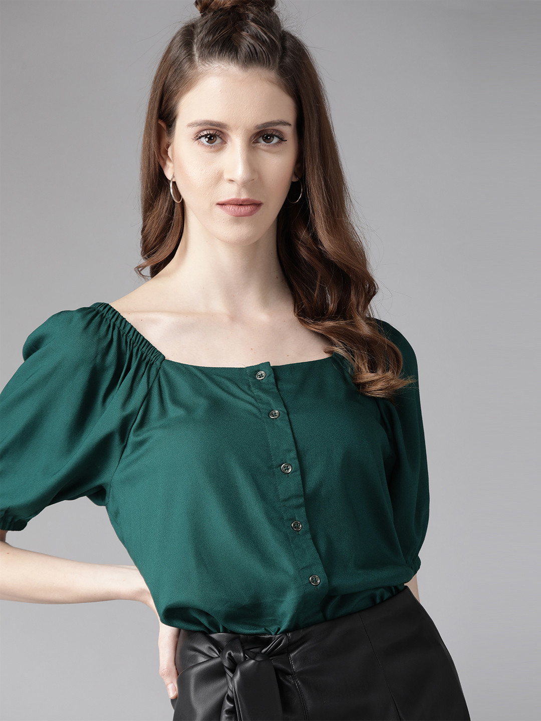 

Roadster Greenturn Women Green Solid Viscose Regular Sustainable Top