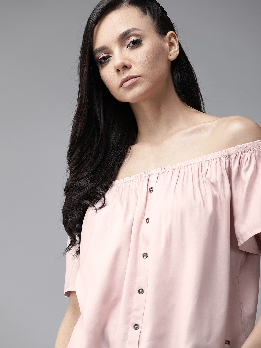 

Roadster Women Pink Sustainable Solid Off-Shoulder Bardot Top