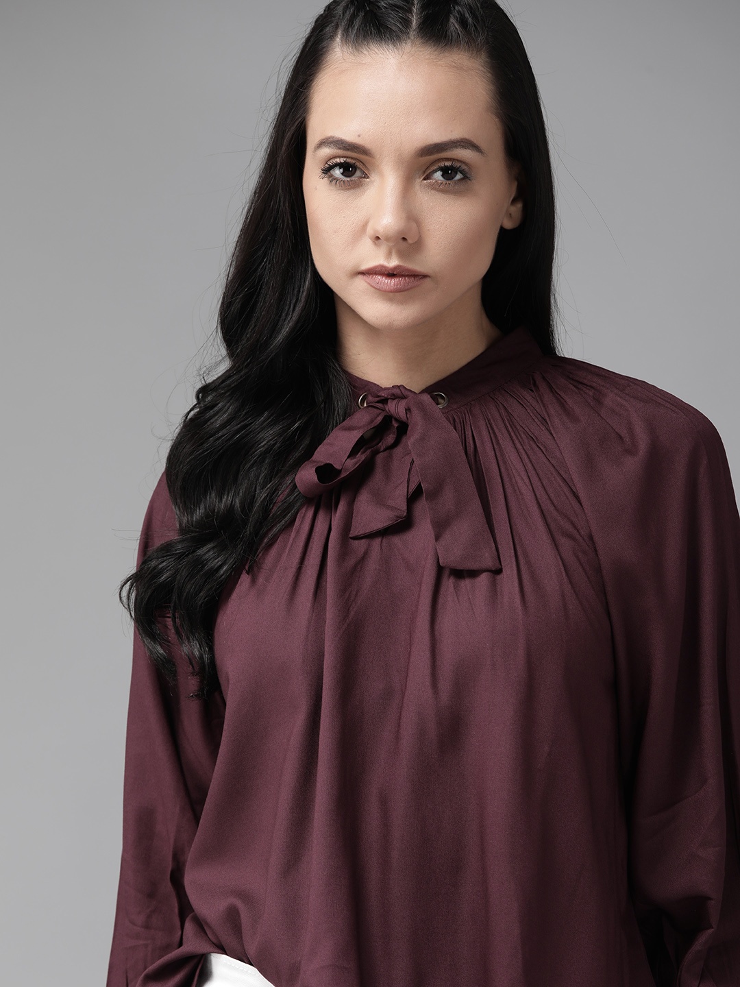 

Roadster Greenturn Women Burgundy Solid Sustainable Top With Tie-Up Neck