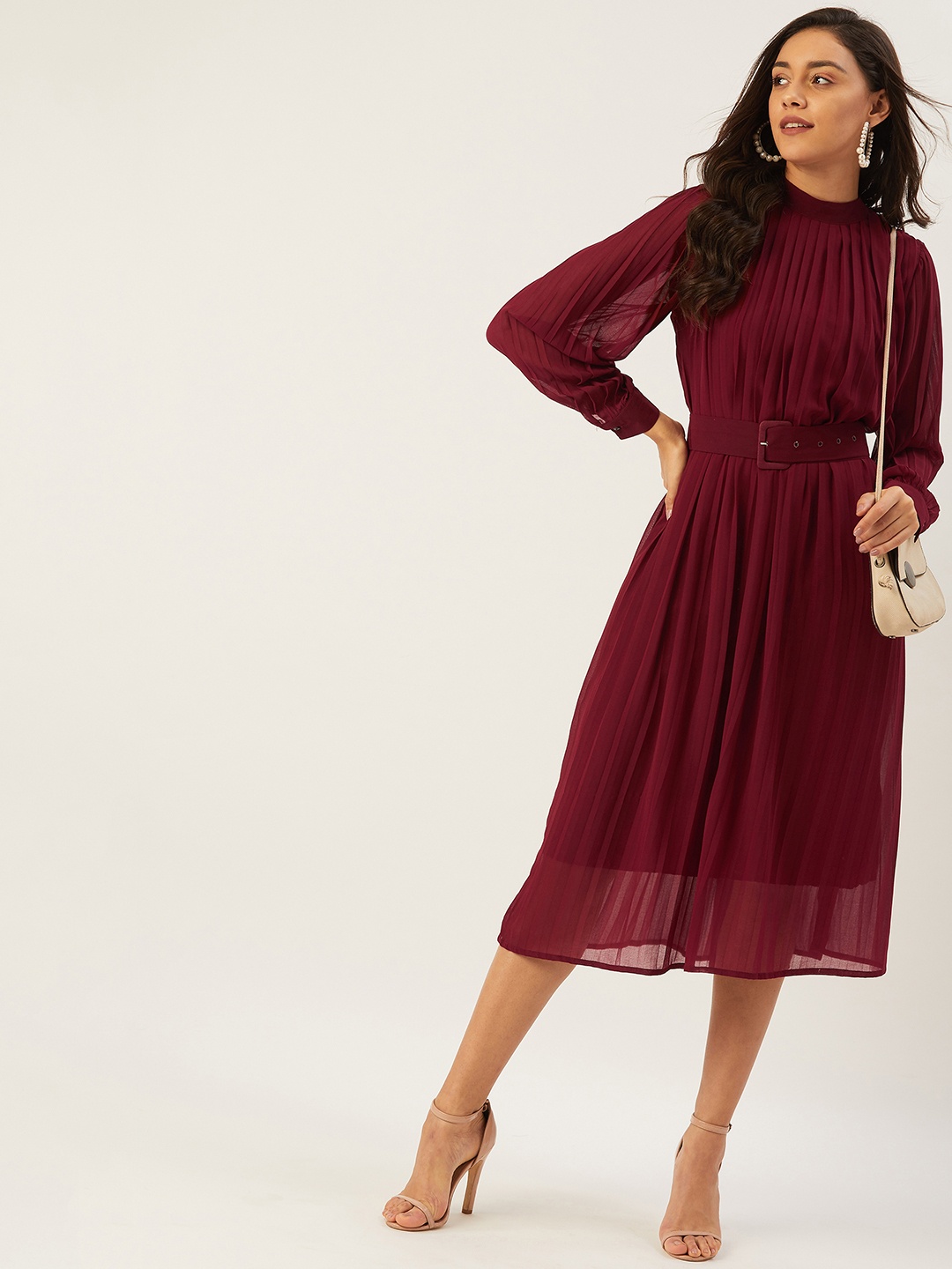 

ANVI Be Yourself Women Maroon Solid Accordian Pleated A-Line Dress